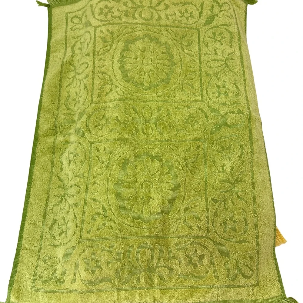 Vintage Sears Drylon Towel Set Yellow Green Floral Damask Fringed MCM USA